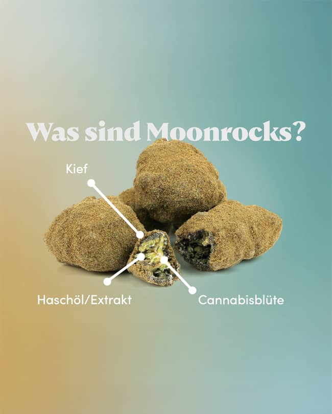 Beschreibung der Moonrocks: Cannabis-Blüte mit Haschöl und Kief für hohe Potenz
